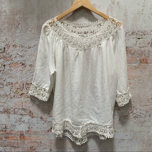 Elena Baldi Linen Boho Crochet Top - Picture 1 of 6